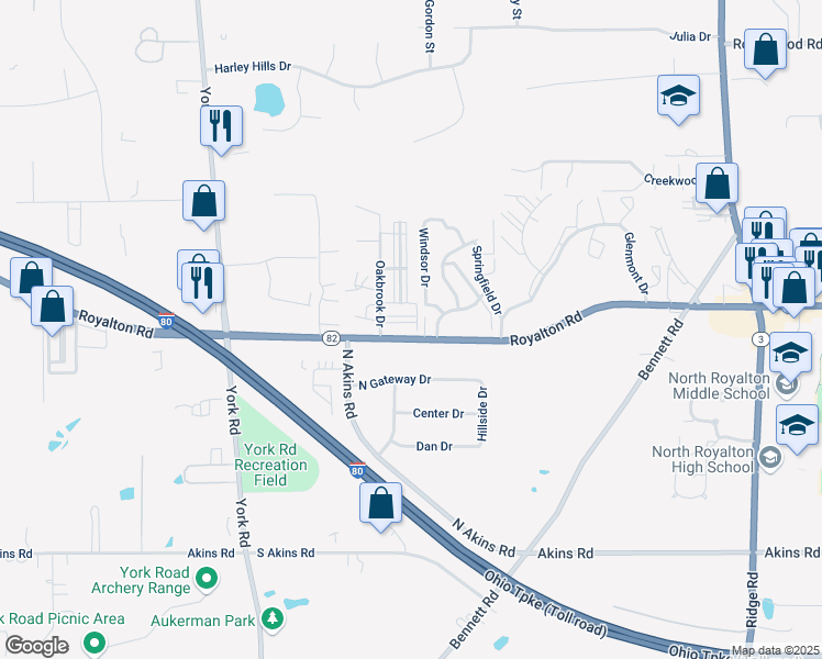 map of restaurants, bars, coffee shops, grocery stores, and more near 13981 Oakbrook Drive in North Royalton