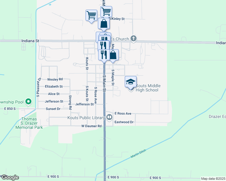 map of restaurants, bars, coffee shops, grocery stores, and more near 198 East Alice Street in Kouts