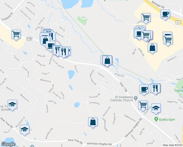 map of restaurants, bars, coffee shops, grocery stores, and more near 3 Lexington Hills Road in Monroe