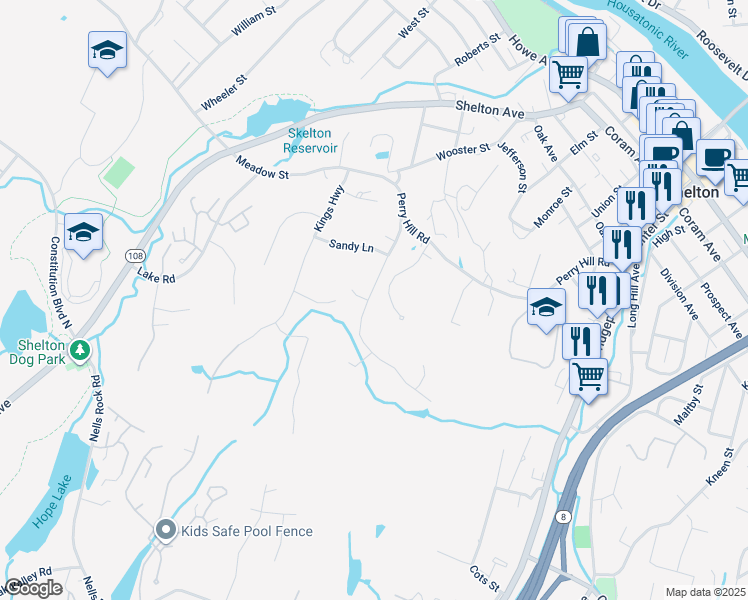 map of restaurants, bars, coffee shops, grocery stores, and more near 50 Walnut Avenue in Shelton