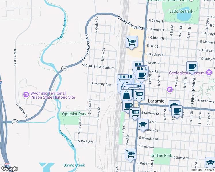 map of restaurants, bars, coffee shops, grocery stores, and more near 101 South Hodgeman Street in Laramie