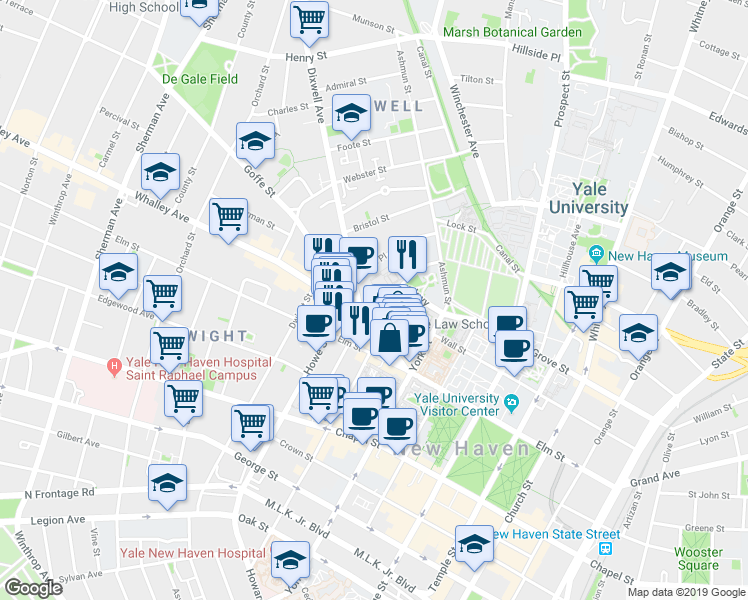 map of restaurants, bars, coffee shops, grocery stores, and more near 11 Tower Parkway in New Haven