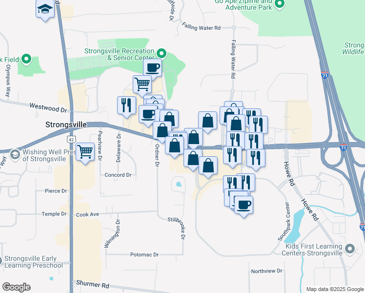 map of restaurants, bars, coffee shops, grocery stores, and more near 17887 Southpark Center in Strongsville