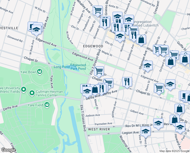 map of restaurants, bars, coffee shops, grocery stores, and more near 1633 Chapel Street in New Haven