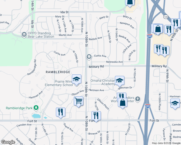 map of restaurants, bars, coffee shops, grocery stores, and more near 6008 North 107th Street in Omaha
