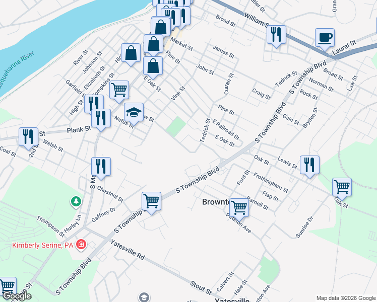 map of restaurants, bars, coffee shops, grocery stores, and more near 98 E Swallow St in Pittston