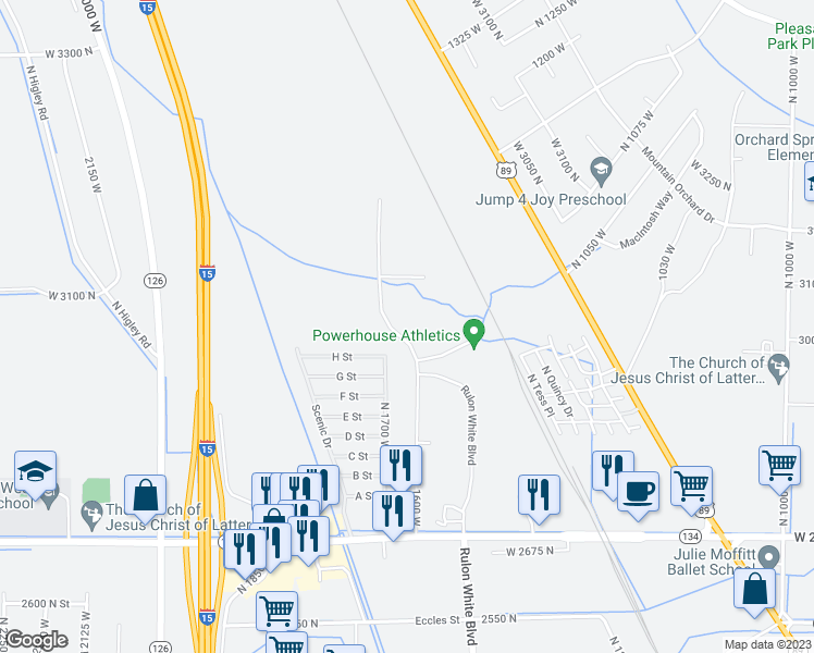 map of restaurants, bars, coffee shops, grocery stores, and more near 2750 North in Pleasant View