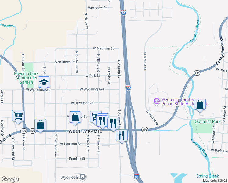 map of restaurants, bars, coffee shops, grocery stores, and more near 1564 West Wyoming Avenue in Laramie