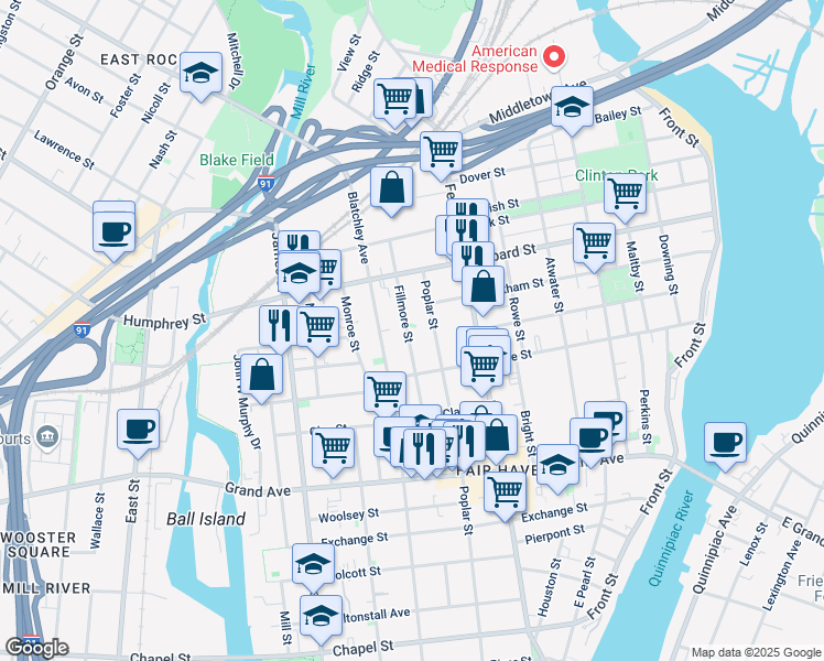 map of restaurants, bars, coffee shops, grocery stores, and more near 155 Fillmore Street in New Haven