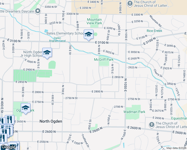 map of restaurants, bars, coffee shops, grocery stores, and more near 2876 North 875 East in Ogden