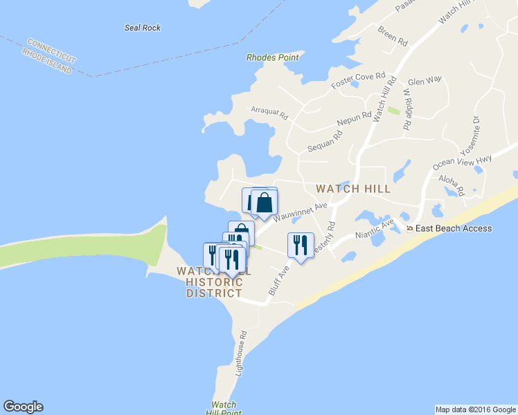 map of restaurants, bars, coffee shops, grocery stores, and more near 6 Sunset Avenue in Westerly