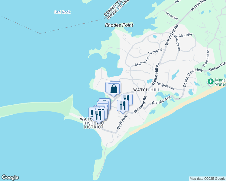 map of restaurants, bars, coffee shops, grocery stores, and more near 6 Sunset Avenue in Westerly