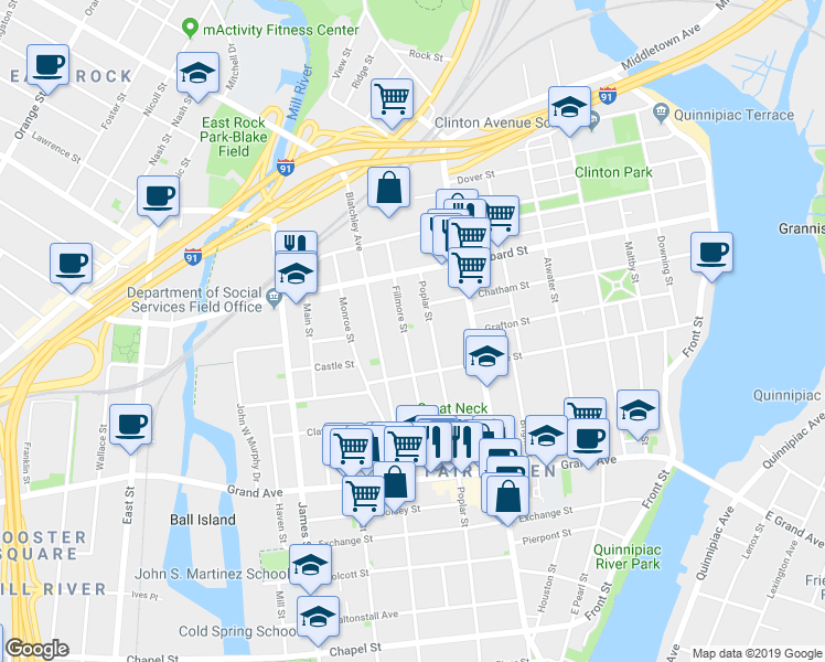 map of restaurants, bars, coffee shops, grocery stores, and more near 414 Poplar Street in New Haven