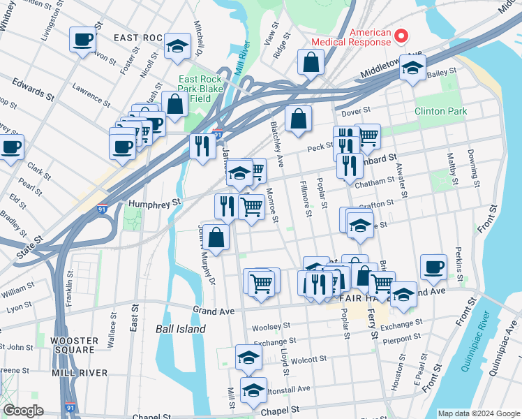 map of restaurants, bars, coffee shops, grocery stores, and more near 118 Monroe Street in New Haven