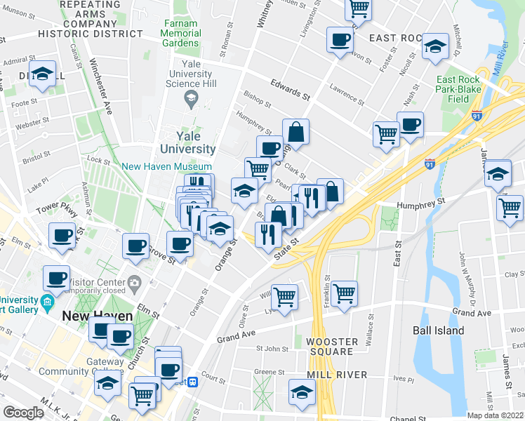 map of restaurants, bars, coffee shops, grocery stores, and more near 189 Bradley Street in New Haven