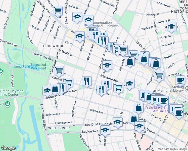 map of restaurants, bars, coffee shops, grocery stores, and more near 50 Hotchkiss Street in New Haven