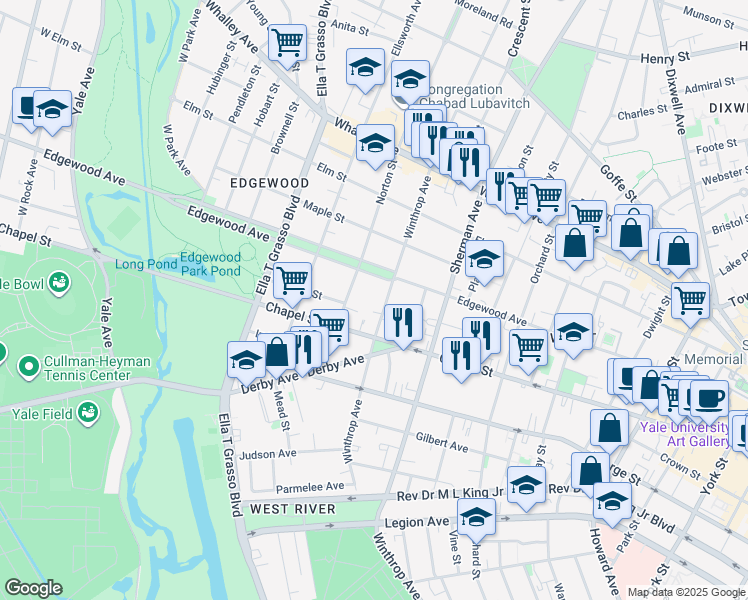 map of restaurants, bars, coffee shops, grocery stores, and more near 322 Winthrop Avenue in New Haven