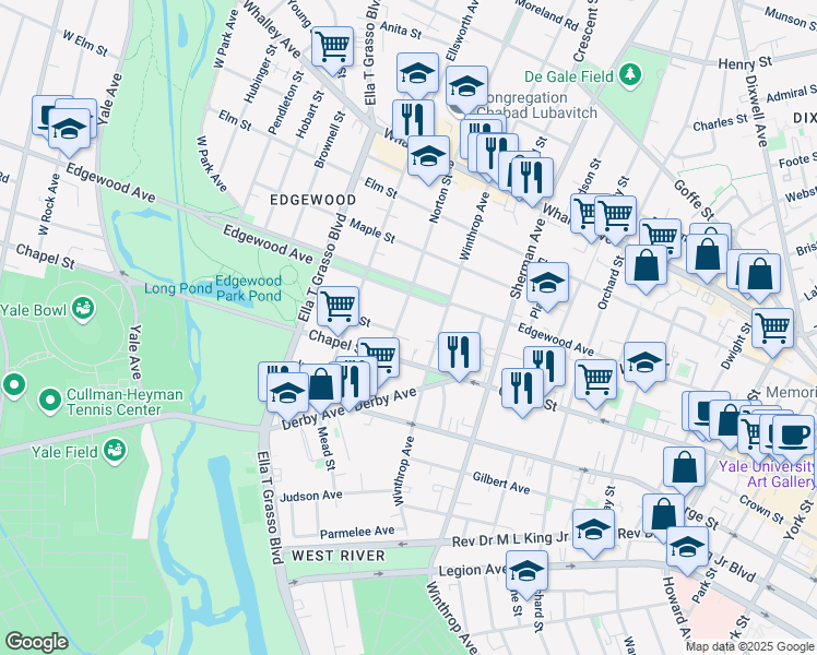 map of restaurants, bars, coffee shops, grocery stores, and more near 79 Norton Street in New Haven