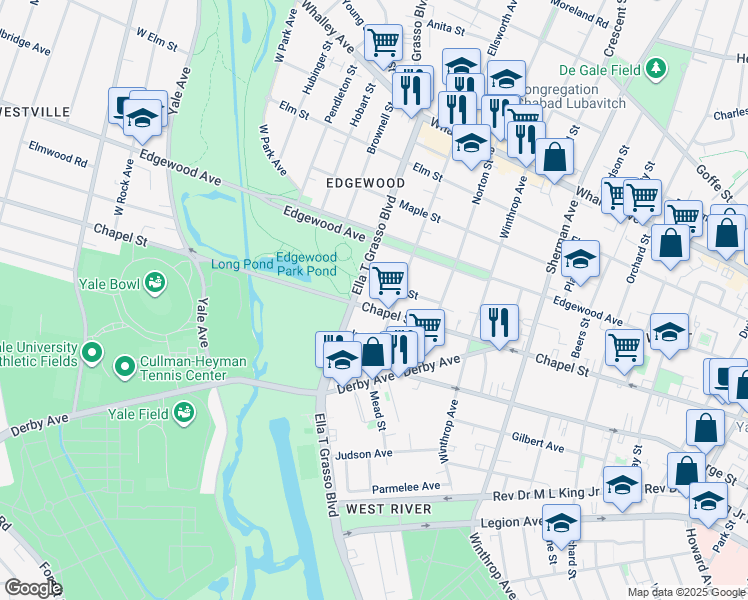 map of restaurants, bars, coffee shops, grocery stores, and more near 1633 Chapel Street in New Haven