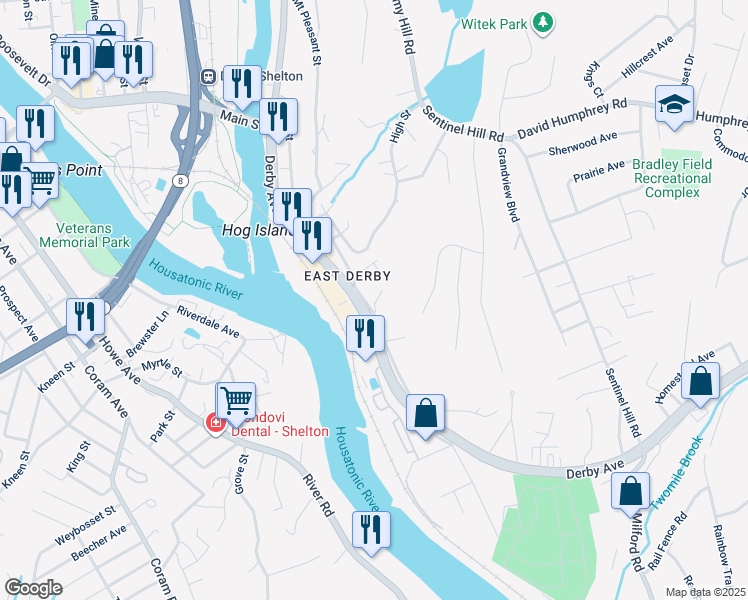 map of restaurants, bars, coffee shops, grocery stores, and more near 72 New Haven Avenue in Derby