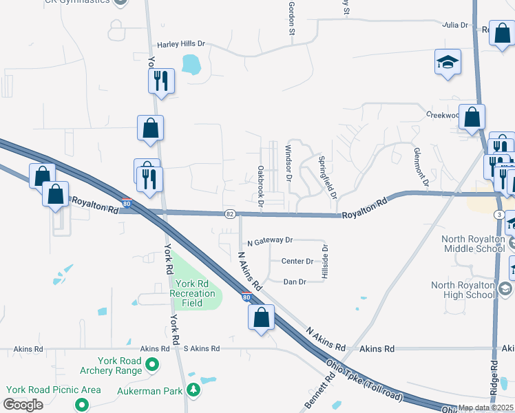 map of restaurants, bars, coffee shops, grocery stores, and more near 8290 Royalton Road in North Royalton