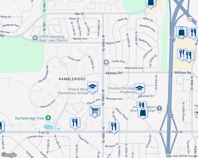 map of restaurants, bars, coffee shops, grocery stores, and more near 5926 North 108th Avenue Circle in Omaha