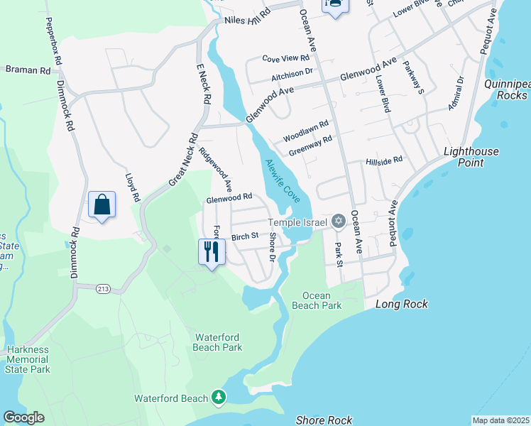 map of restaurants, bars, coffee shops, grocery stores, and more near 47 Shore Drive in Waterford