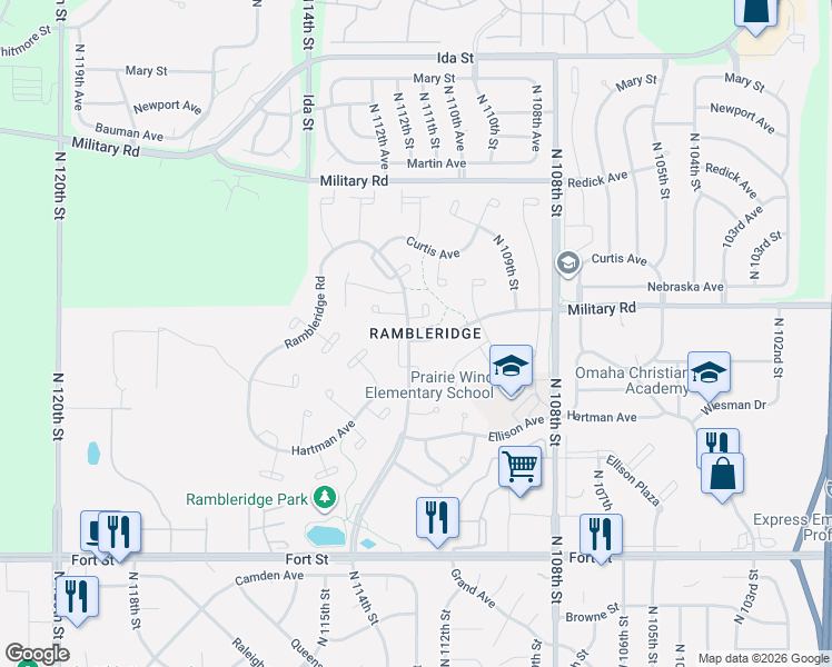 map of restaurants, bars, coffee shops, grocery stores, and more near 11128 Crown Point Ave in Omaha