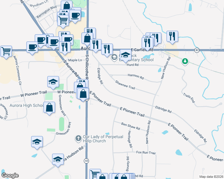 map of restaurants, bars, coffee shops, grocery stores, and more near 131 Eldridge Rd in Aurora