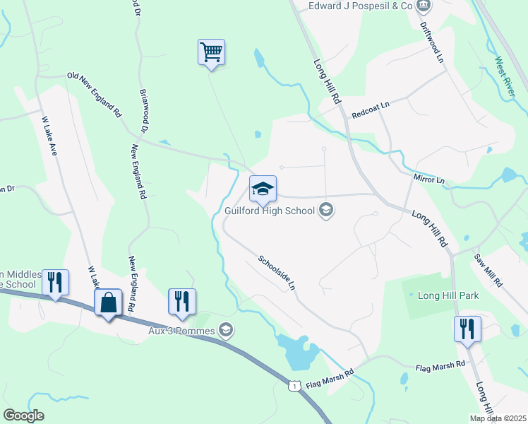 map of restaurants, bars, coffee shops, grocery stores, and more near 605 New England Road in Guilford