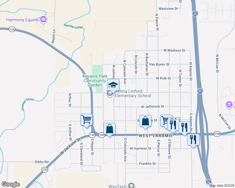 map of restaurants, bars, coffee shops, grocery stores, and more near 2176 West Wyoming Avenue in Laramie