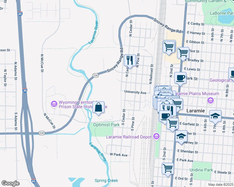 map of restaurants, bars, coffee shops, grocery stores, and more near 598 W University Ave in Laramie