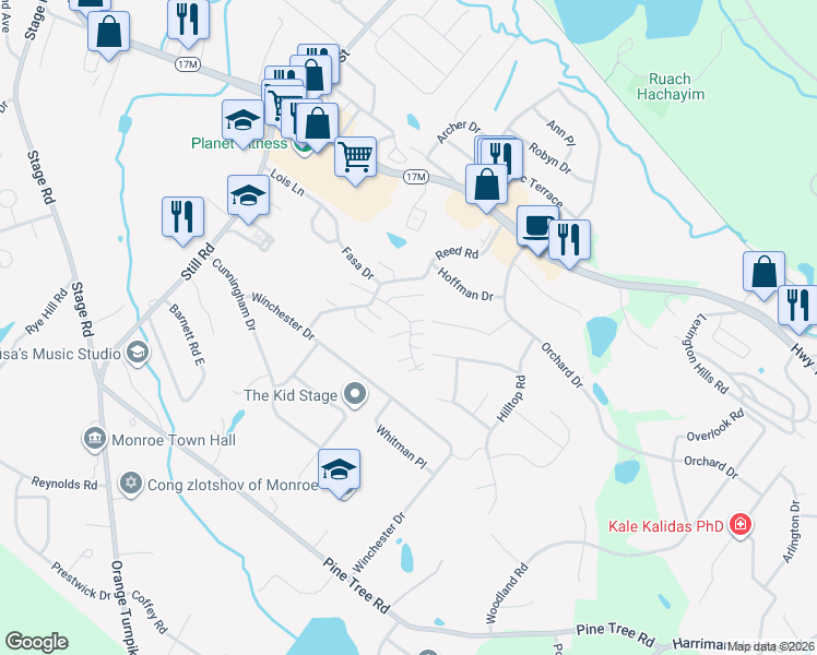 map of restaurants, bars, coffee shops, grocery stores, and more near 12 Giovanni Court in Monroe