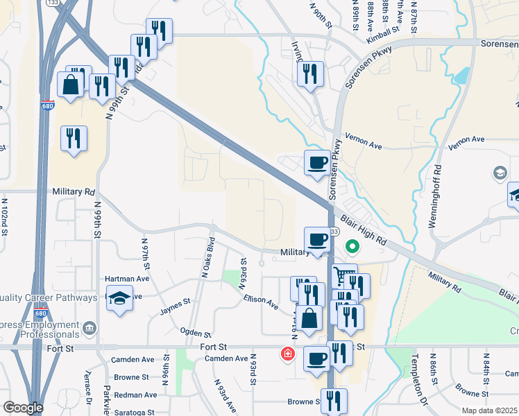 map of restaurants, bars, coffee shops, grocery stores, and more near 6006 North 92nd Street in Omaha