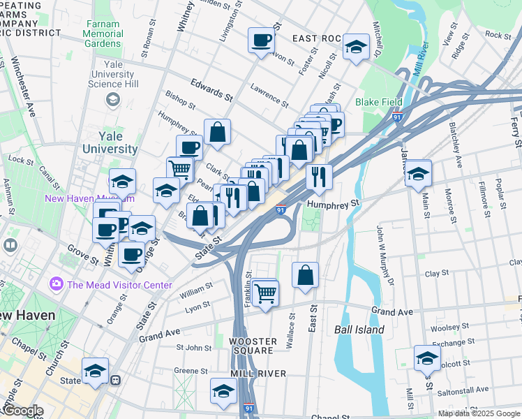 map of restaurants, bars, coffee shops, grocery stores, and more near 847 State Street in New Haven