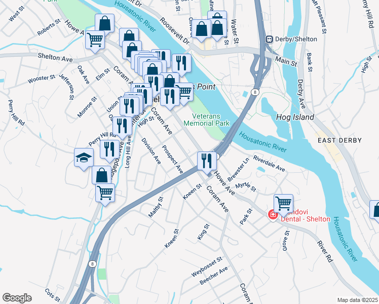 map of restaurants, bars, coffee shops, grocery stores, and more near 231 Coram Avenue in Shelton