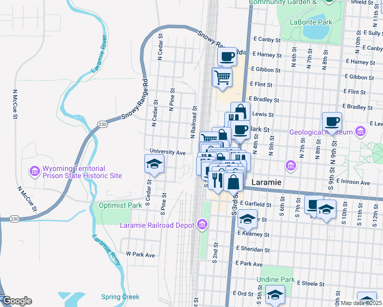 map of restaurants, bars, coffee shops, grocery stores, and more near North Railroad Street in Laramie
