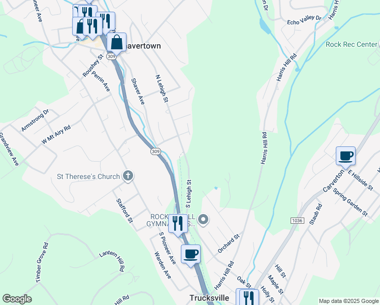 map of restaurants, bars, coffee shops, grocery stores, and more near 22 South Lehigh Street in Trucksville