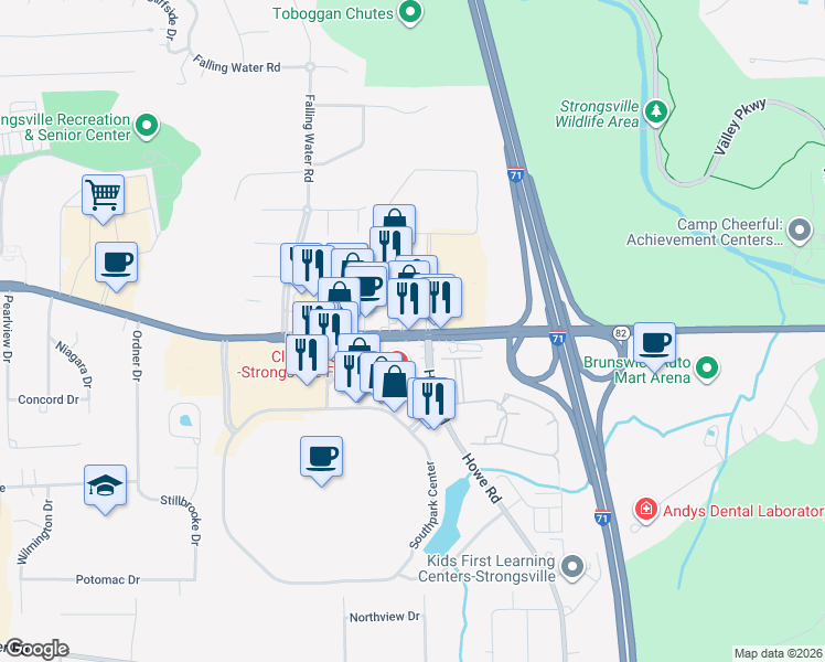 map of restaurants, bars, coffee shops, grocery stores, and more near 16776 Ohio 82 in Strongsville