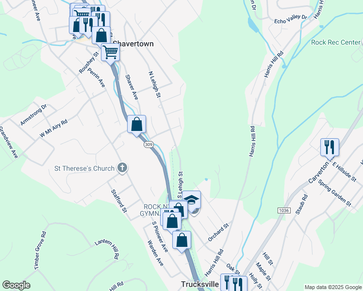 map of restaurants, bars, coffee shops, grocery stores, and more near 22 South Lehigh Street in Trucksville