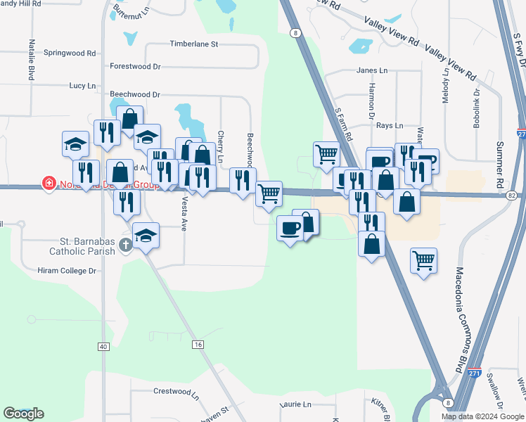 map of restaurants, bars, coffee shops, grocery stores, and more near 290 East Aurora Road in Northfield