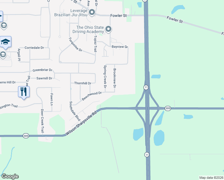 map of restaurants, bars, coffee shops, grocery stores, and more near 55 Brookview Drive in Cortland