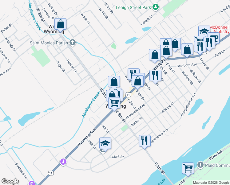 map of restaurants, bars, coffee shops, grocery stores, and more near 30 Breese Street in Wyoming