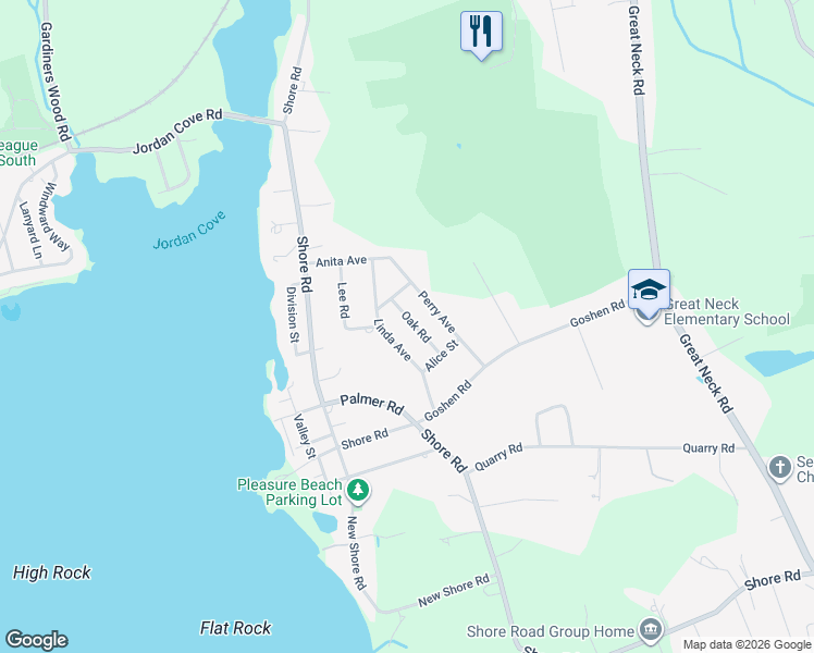 map of restaurants, bars, coffee shops, grocery stores, and more near 10 Oak Road in Waterford