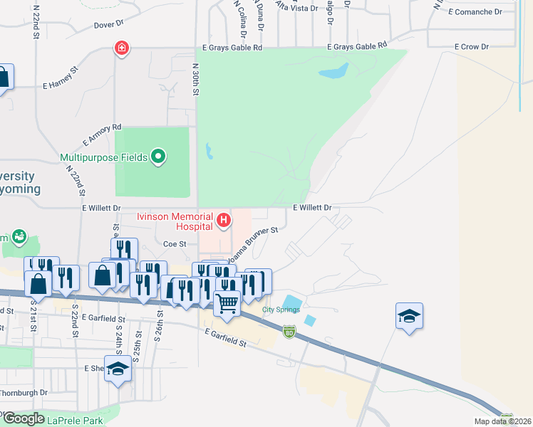 map of restaurants, bars, coffee shops, grocery stores, and more near 3316 East Willett Drive in Laramie