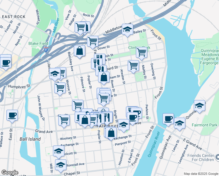 map of restaurants, bars, coffee shops, grocery stores, and more near 160 Grafton Street in New Haven