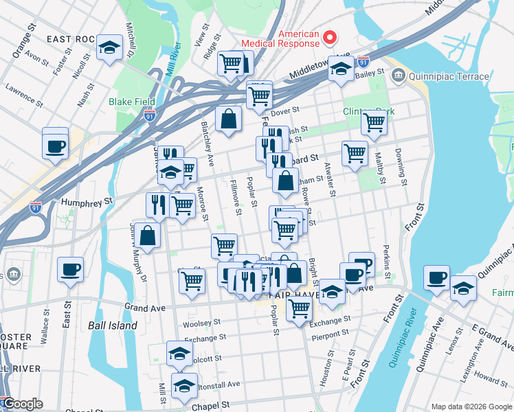 map of restaurants, bars, coffee shops, grocery stores, and more near 414 Poplar Street in New Haven