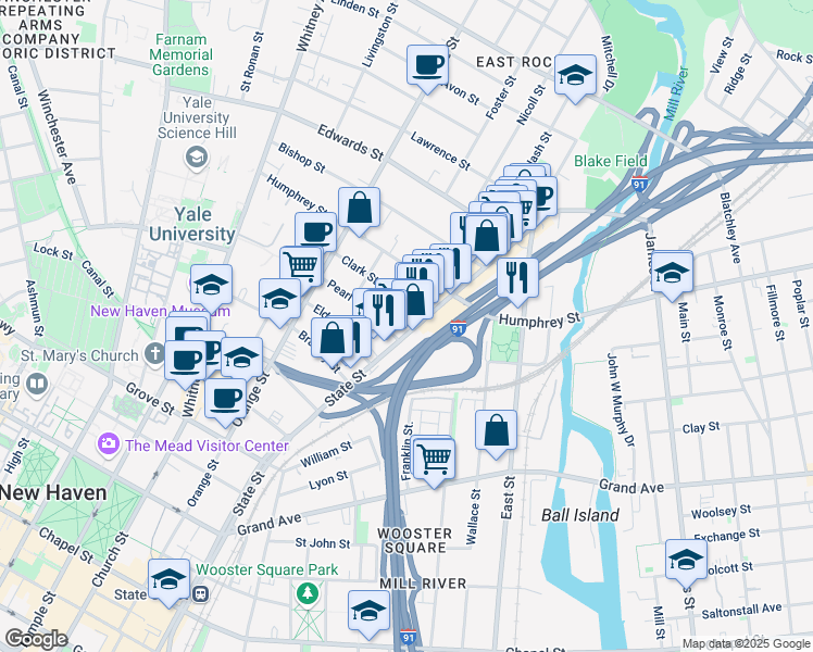 map of restaurants, bars, coffee shops, grocery stores, and more near 843 State Street in New Haven