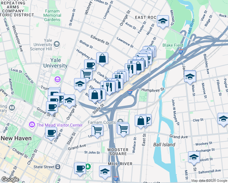 map of restaurants, bars, coffee shops, grocery stores, and more near 843 State Street in New Haven