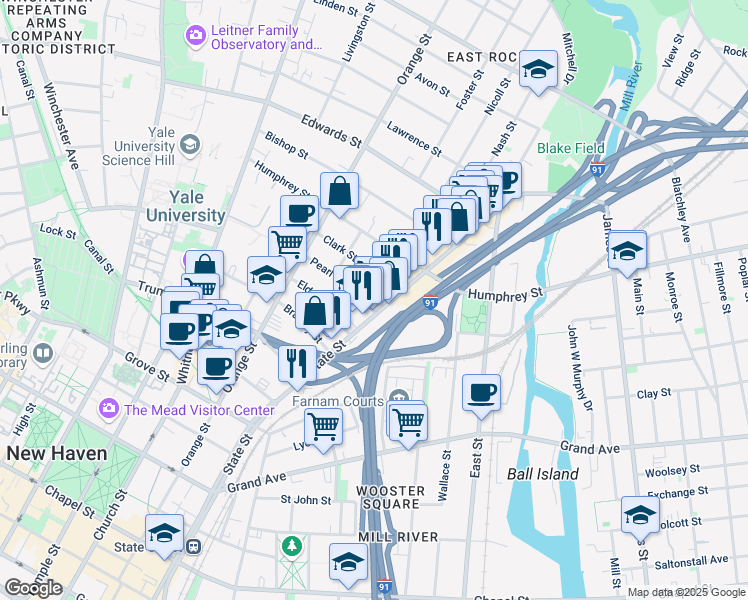 map of restaurants, bars, coffee shops, grocery stores, and more near 20 Pearl Street in New Haven